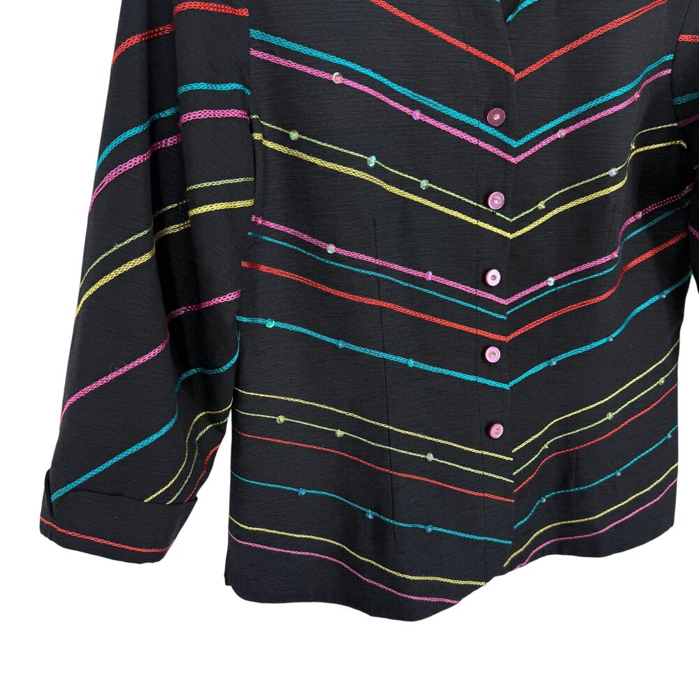 SILK LAND Sz Medium 100% Silk Black Blue Pink Wearable Art Jacket Shirt Top - Picture 8 of 9